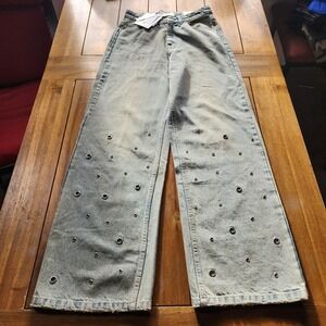 Ginger Wide Leg Distressed Jeans‎ Light Wash Eyelet Y2K Grunge Size 26